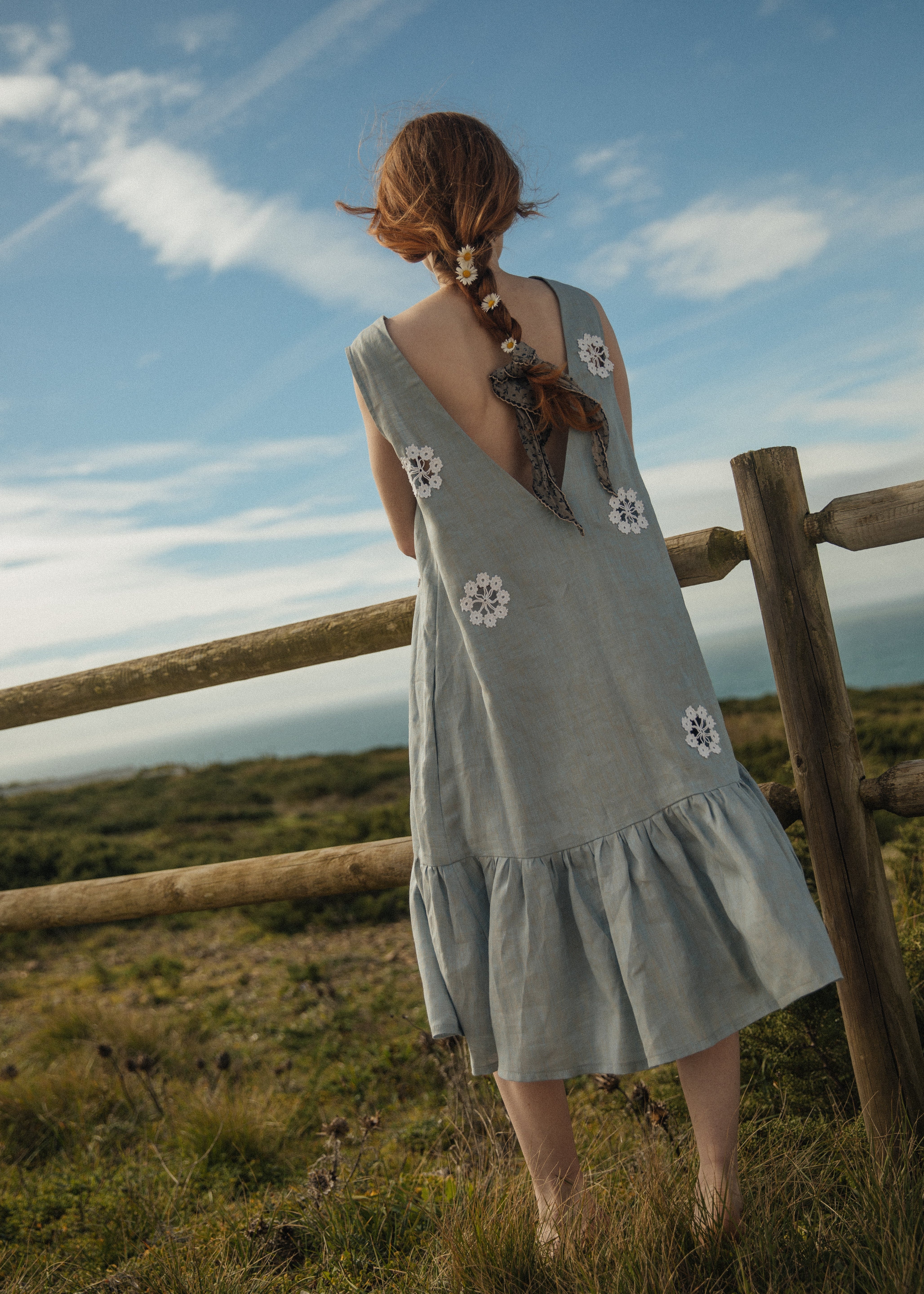 Backless Linen Dress with Crocheted Flower Details - DEISY