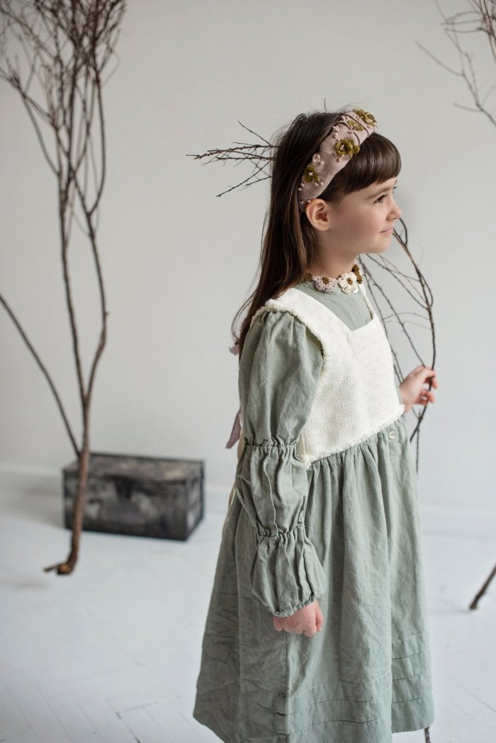 Dress with Detachable  Linen Vest - WATERMINT