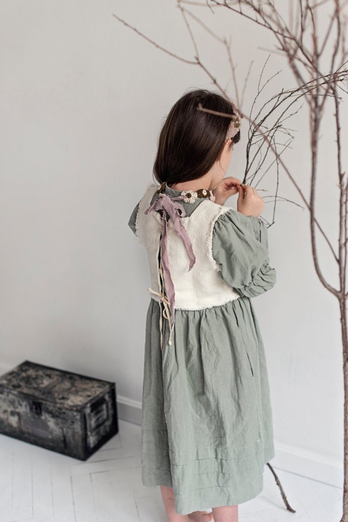 Dress with Detachable  Linen Vest - WATERMINT