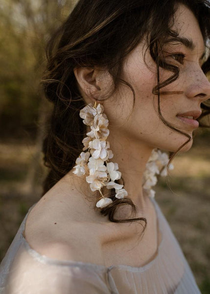 Impressive Light Gold and White Silk Flower Earrings - MajulaHandmade