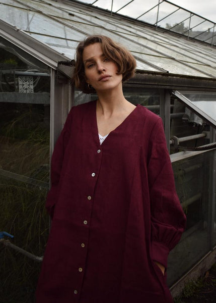 Linen Wide Dress - Dark Burgundy-Majulahandmade