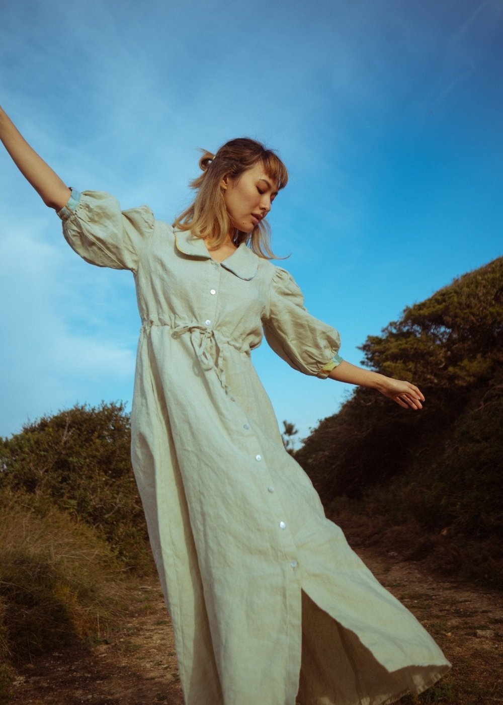 Long linen pale moss dress - CLARABELLE