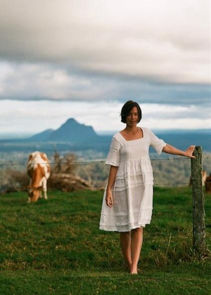 White voluminous skirt linen dress - ANGELA