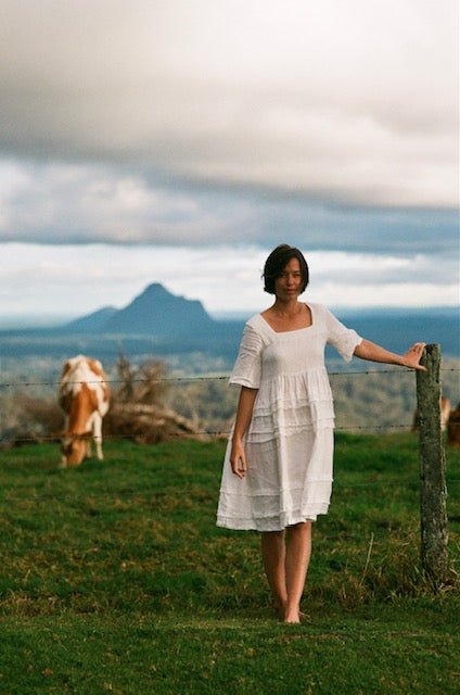 White voluminous skirt linen dress - ANGELA