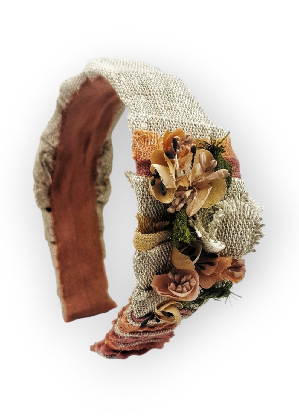 Delicate Pleated Linen Headband with Silk Flowers