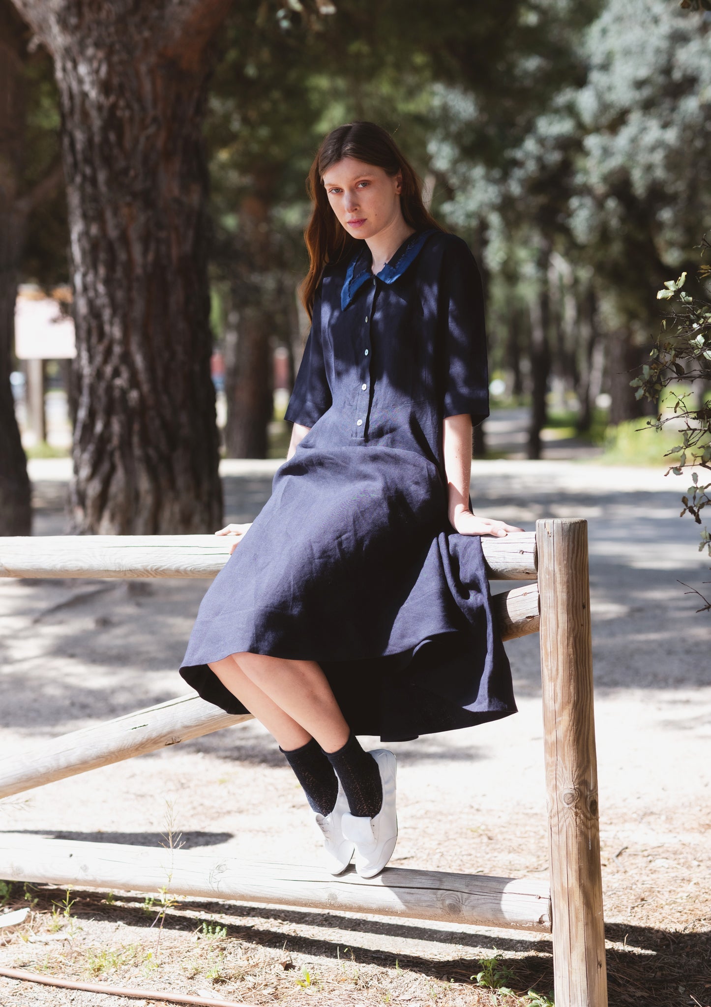 Dark blue linen dress - FLORA