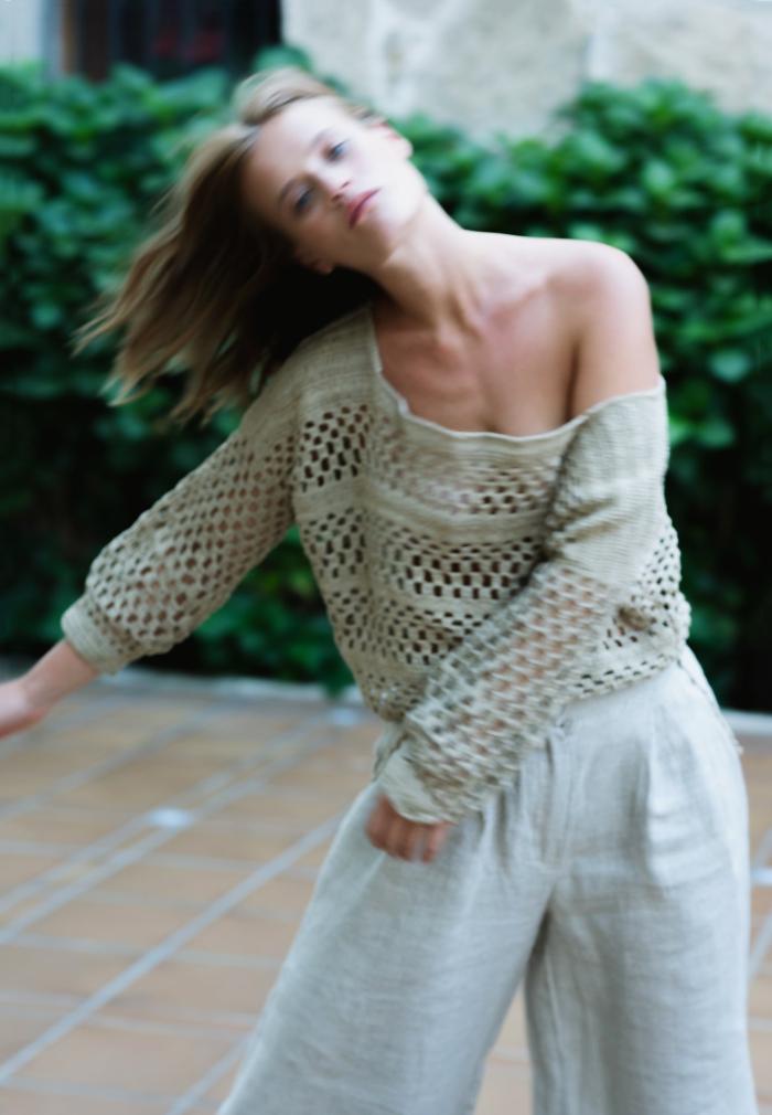 Square-neck hand-crocheted blouse