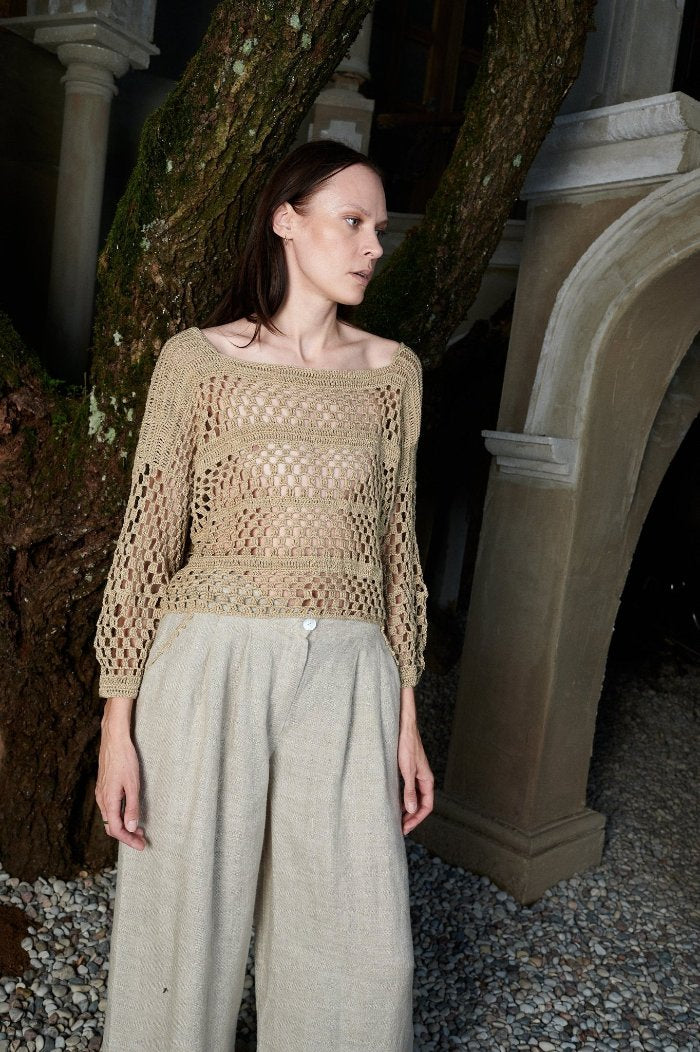 Square-neck hand-crocheted blouse