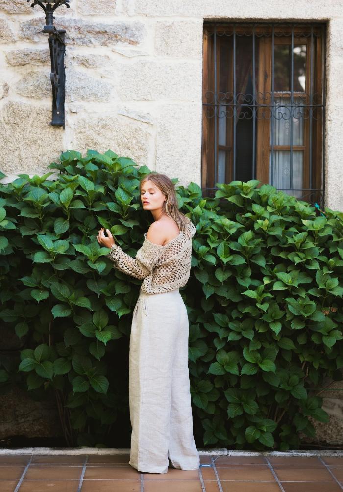 Square-neck hand-crocheted blouse